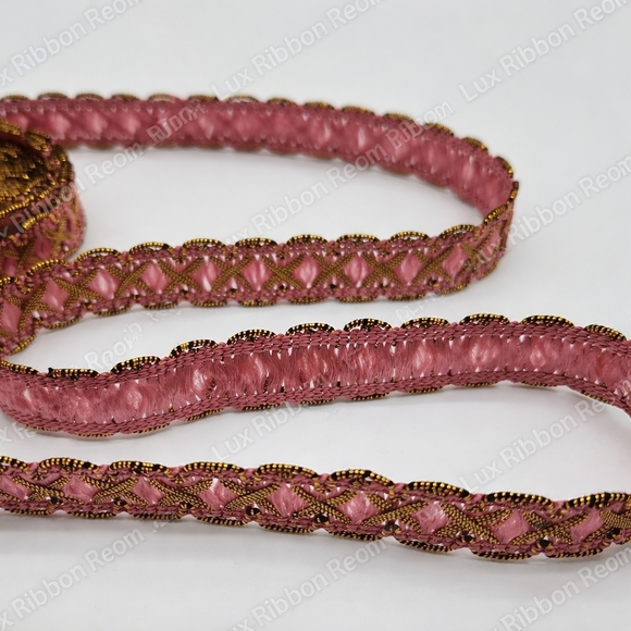 Vintage 1940s French Pink Gold Metallic Silk Jacquard Ribbon Couture TWO YARDS - Picture 2 of 6